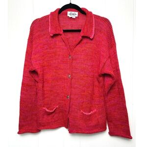 Vintage Bae & Castro Knit Cardigan Sweater Sz M Pink Red Colorful buttons hippie